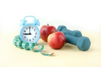 Conceptual Health Life Background With Dumbbell Scale Healthy Food
